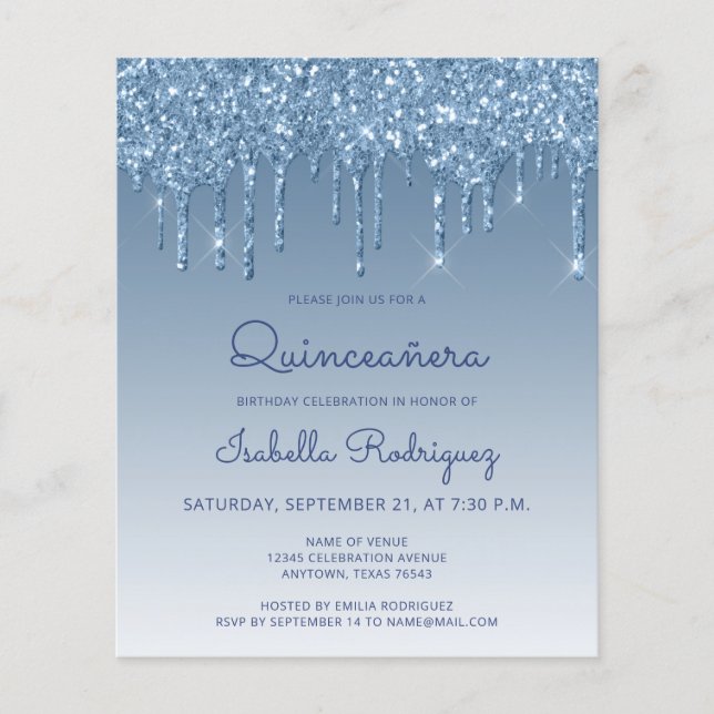 Budget Quinceañera Blue Glitter Drip Invitation (Front)