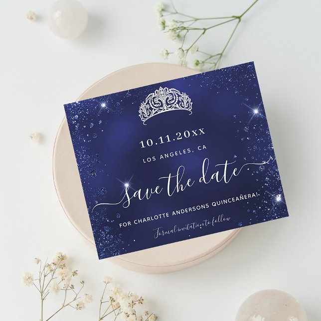 Budget Quinceanera blue glitter dust save date (Creator Uploaded)