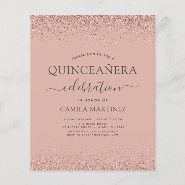 Budget Quinceanera Blush Pink Rose Gold Glitter Flyer (Front)