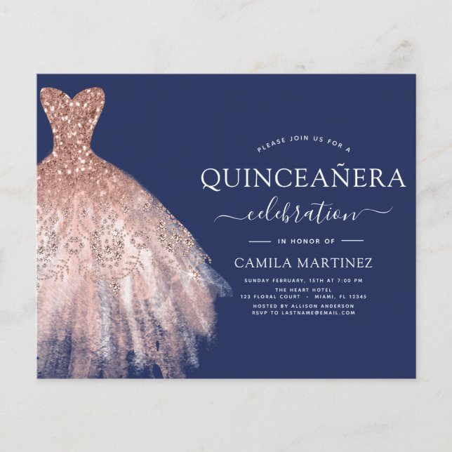 Budget Quinceanera Blush Pink Rose Gold Navy Blue Flyer (Front)