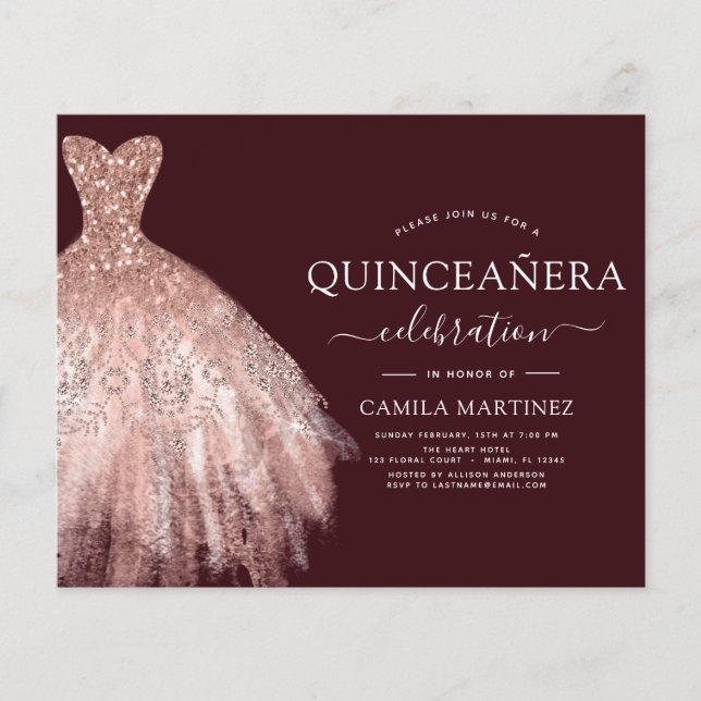 Budget Quinceanera Burgundy Blush Pink Rose Gold Flyer (Front)