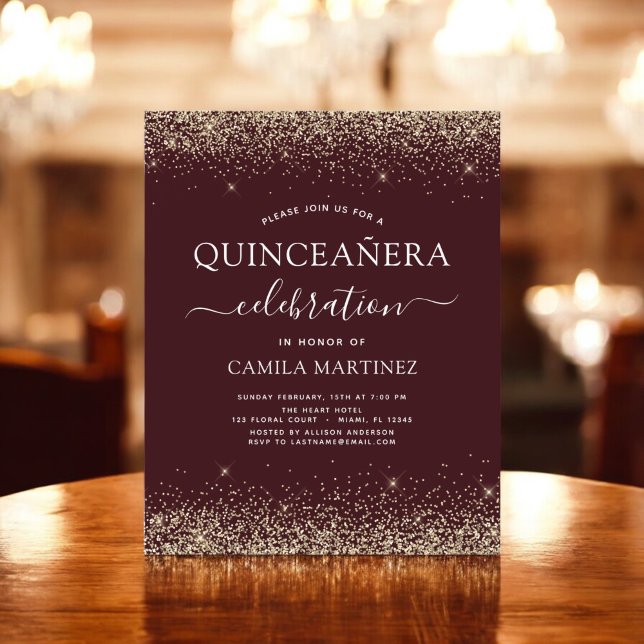 Budget Quinceanera Burgundy Gold Invitation Flyer (Creator Uploaded)