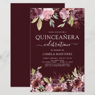Budget Quinceanera Burgundy Pink Floral Invitation
