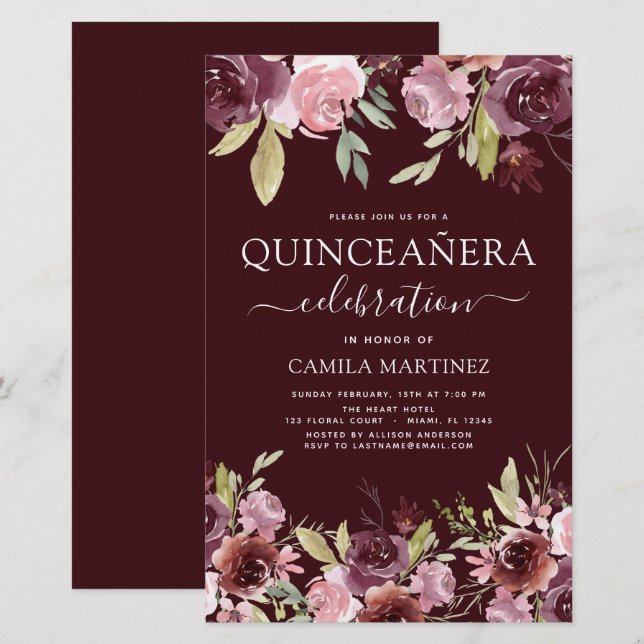 Budget Quinceanera Burgundy Pink Floral Invitation (Front/Back)