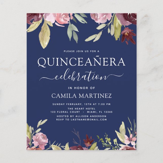 Budget Quinceanera Burgundy Pink Floral Invitation Flyer (Front)