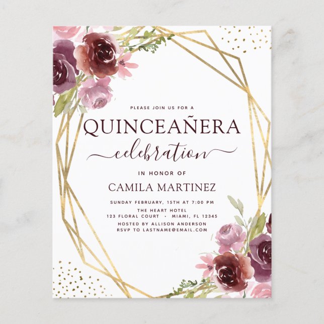 Budget Quinceanera Burgundy Pink Geometric Floral Flyer (Front)