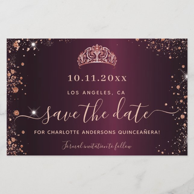 Budget Quinceanera burgundy rose gold save date (Front)