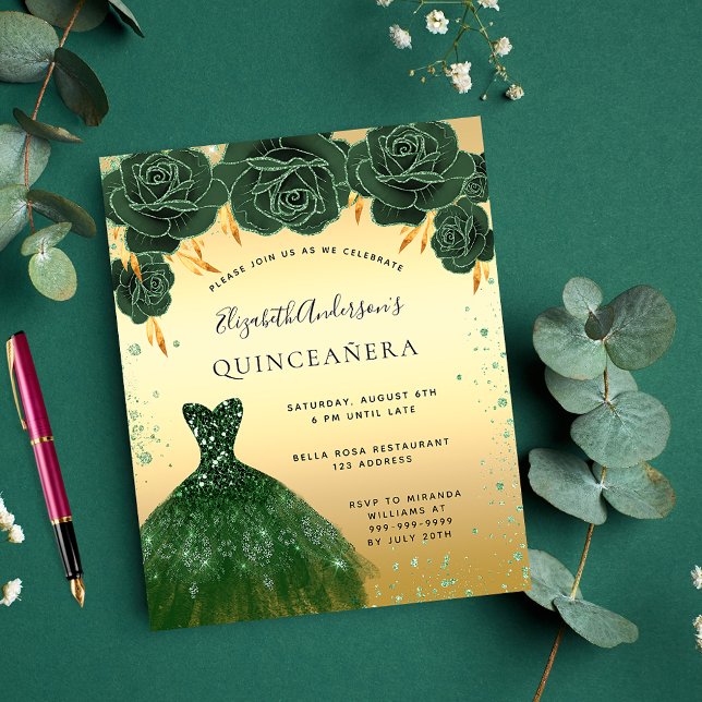 Budget Quinceanera emerald green gold dress floral (Creator Uploaded)