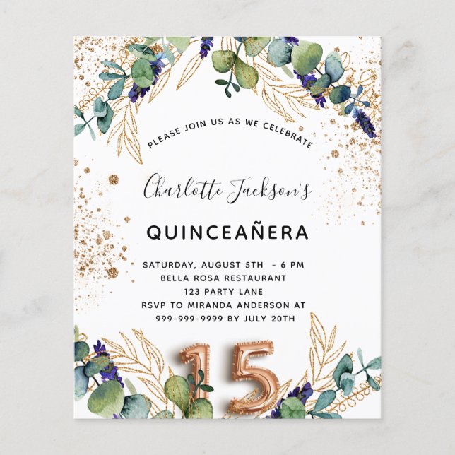 Budget quinceanera eucalyptus greenery glitter (Front)
