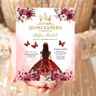 Budget Quinceanera Floral Burgundy Princess