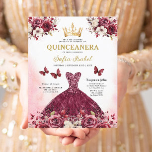 Budget Quinceanera Floral Burgundy Princess