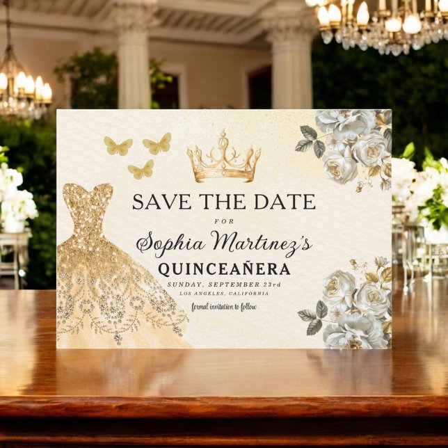 Budget Quinceanera Floral Gold Save the Date  Flyer (Creator Uploaded)