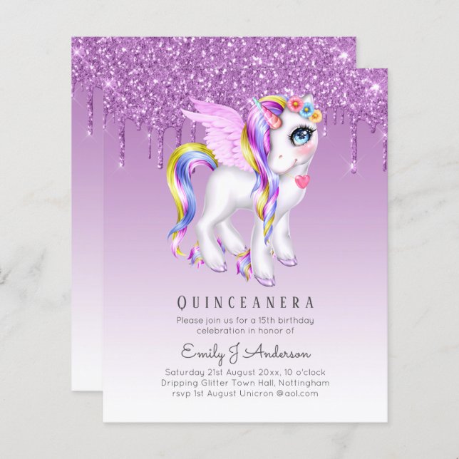 BUDGET Quinceanera Glitter Unicorn Anicorn Winged (Front/Back)