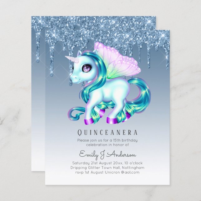 BUDGET Quinceanera Glitter Unicorn Anicorn Winged (Front/Back)