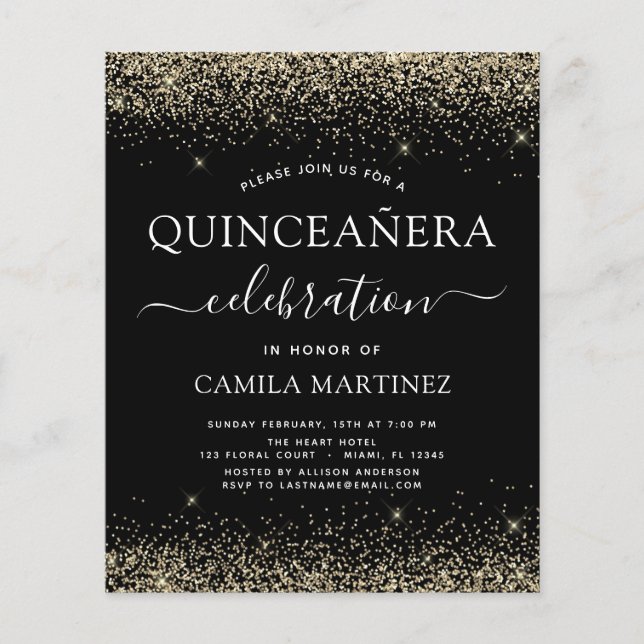 Budget Quinceanera Gold Black Modern Glitter Flyer (Front)