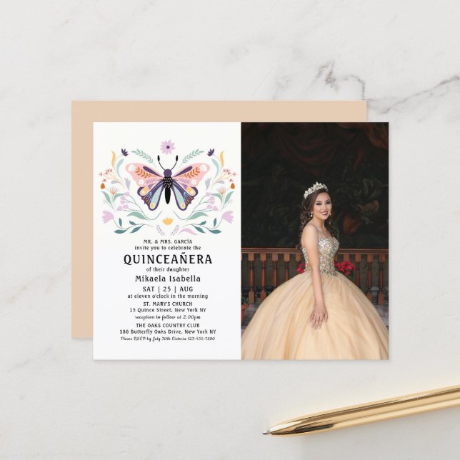Budget Quinceañera Gold Butterfly Photo Floral (Front/Back In Situ)