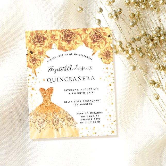 Budget Quinceanera gold dress floral invitation (Creator Uploaded)