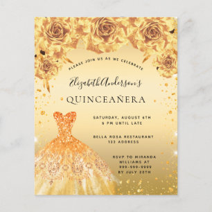 Budget Quinceanera gold dress floral invitation