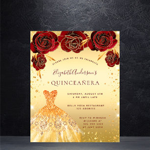 Budget Quinceanera gold red glitter dress floral