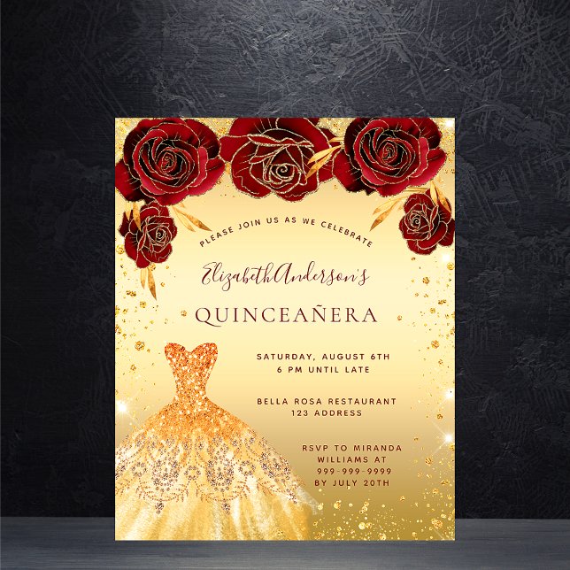 Budget Quinceanera gold red glitter dress floral (Creator Uploaded)