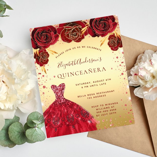 Budget Quinceanera gold red glitter dress floral (Creator Uploaded)