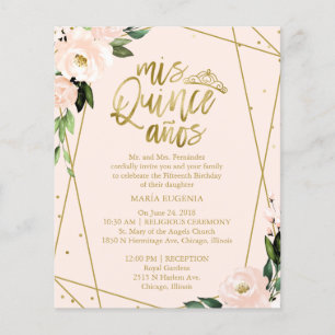 Budget Quinceanera Invitation Bilingual Blush Pink