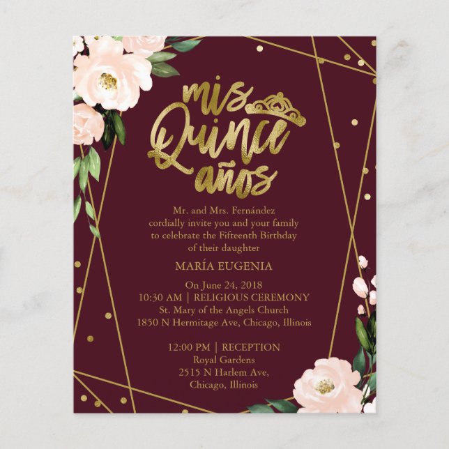 Budget Quinceanera Invitation Bilingual Burgundy (Front)