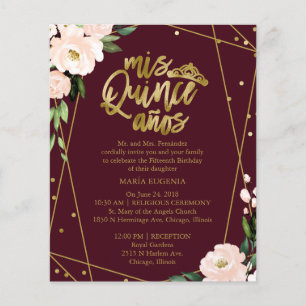 Budget Quinceanera Invitation Bilingual Burgundy