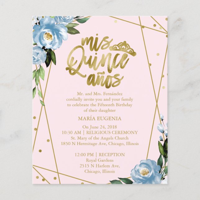 Budget Quinceanera Invitation Bilingual Pink Blue  (Front)