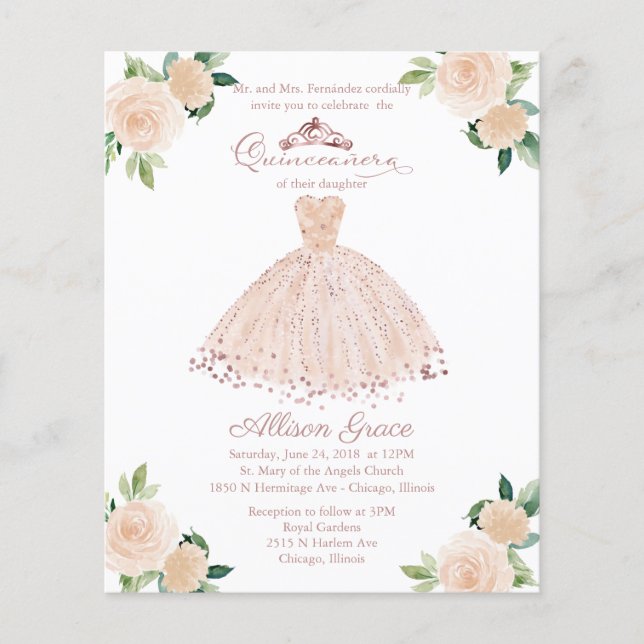 Budget Quinceanera Invitation Bilingual Pink Gown (Front)