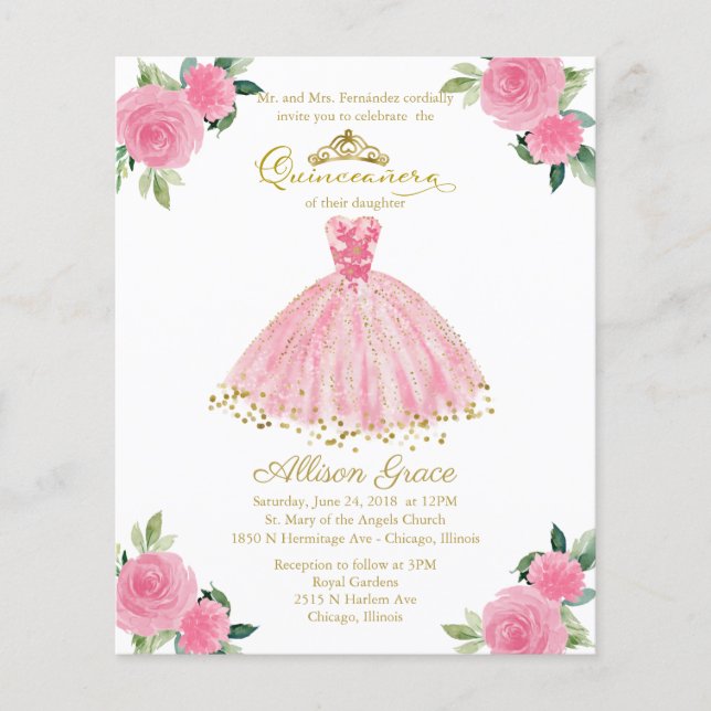 Budget Quinceanera Invitation Bilingual Pink Gown (Front)