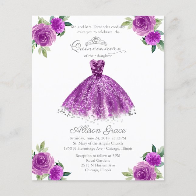 Budget Quinceanera Invitation Bilingual Purple (Front)