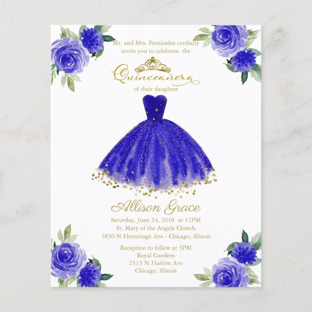 Budget Quinceanera Invitation Bilingual Royal Blue (Front)