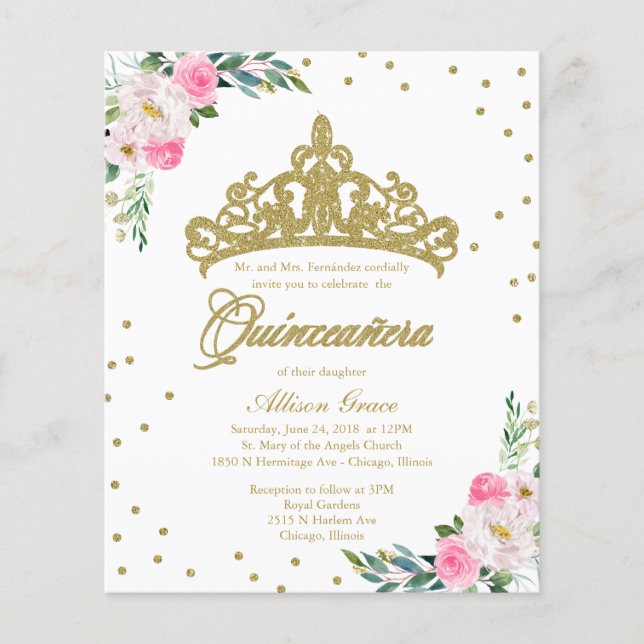 Budget Quinceanera Invitation Bilingual Tiara (Front)