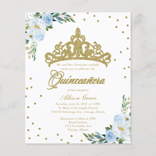 Budget Quinceanera Invitation Bilingual Tiara Blue (Front)