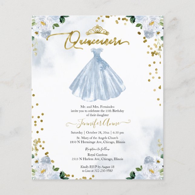 Budget Quinceanera Invitation Blue Floral Gown (Front)