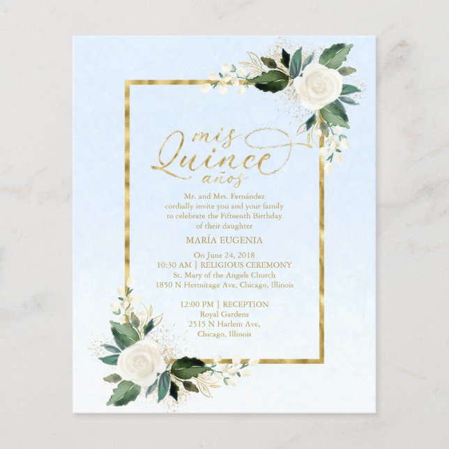 Budget Quinceanera Invitation Dusty Blue Floral (Front)