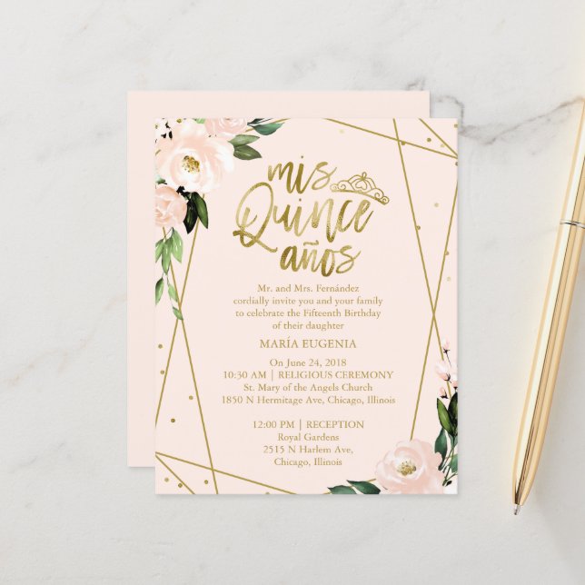 Budget Quinceanera Invitation Gold Foil Blush Pink (Front/Back In Situ)
