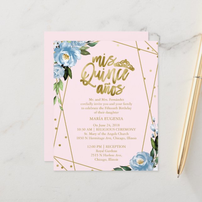 Budget Quinceanera Invitation Gold Foil Pink Blue (Front/Back In Situ)