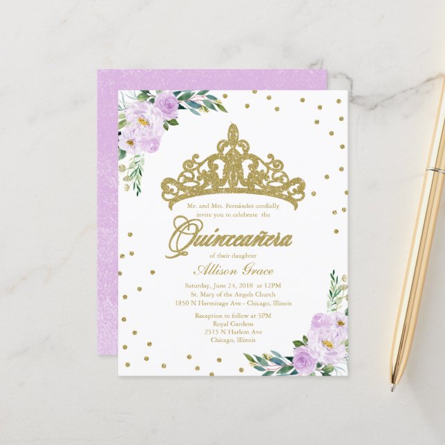 Budget Quinceanera Invitation Gold Tiara (Front/Back In Situ)