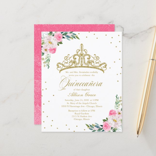 Budget Quinceanera Invitation Gold Tiara (Front/Back In Situ)