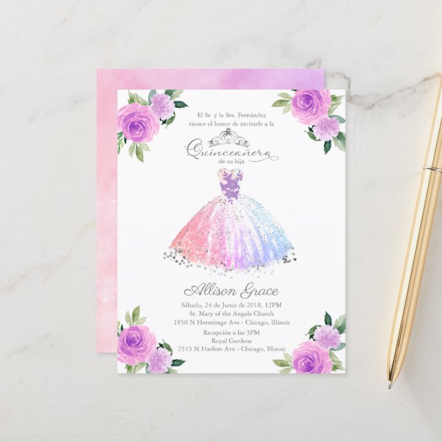 Budget Quinceanera Invitation Pastel Colours Gown (Front/Back In Situ)