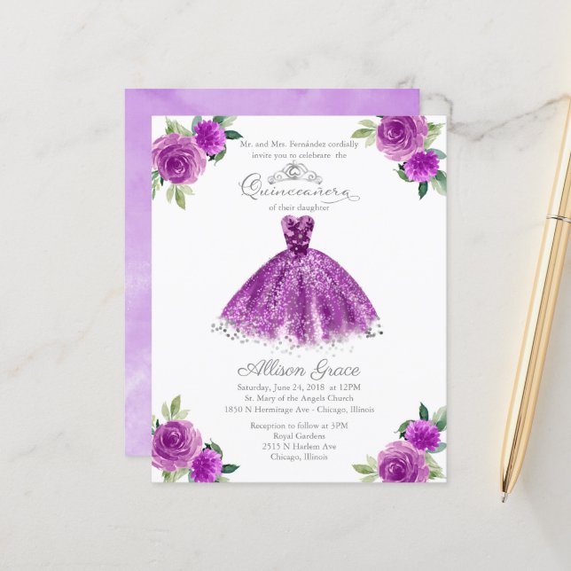 Budget Quinceanera Invitation Purple Gown (Front/Back In Situ)
