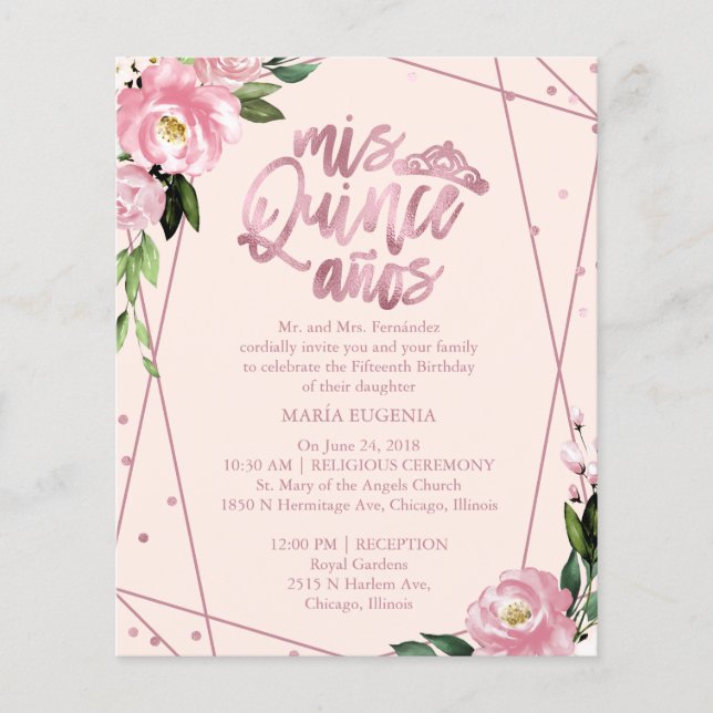 Budget Quinceanera Invitation Rose Gold Blush Pink (Front)