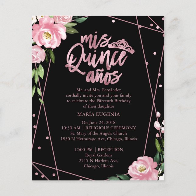 Budget Quinceanera Invitation Rose Gold Pink Black (Front)