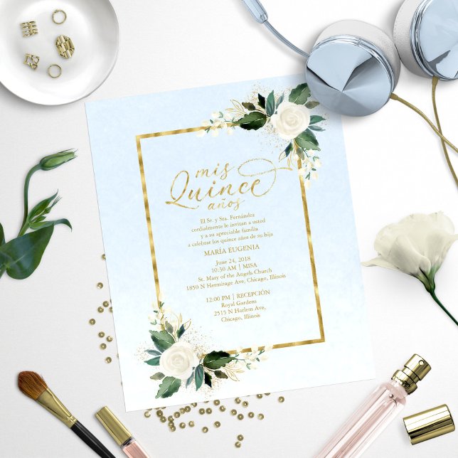 Budget Quinceanera Invitation Spanish Blue Gold  (Creator Uploaded)