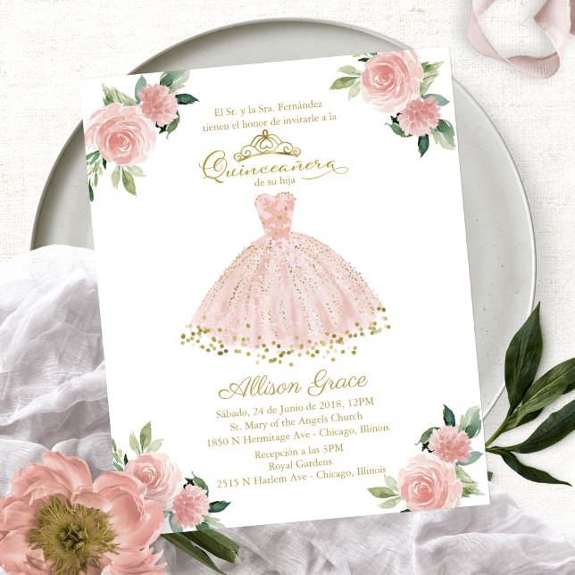 Budget Quinceanera Invitation Spanish Blush Gown (Creator Uploaded)
