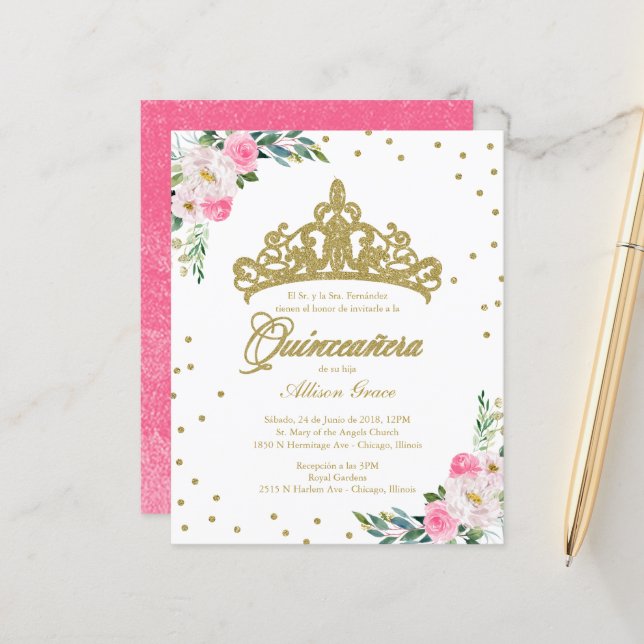 Budget Quinceanera Invitation Spanish Gold Tiara (Front/Back In Situ)