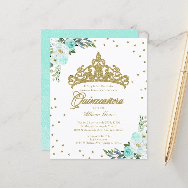 Budget Quinceanera Invitation Spanish Gold Tiara (Front/Back In Situ)