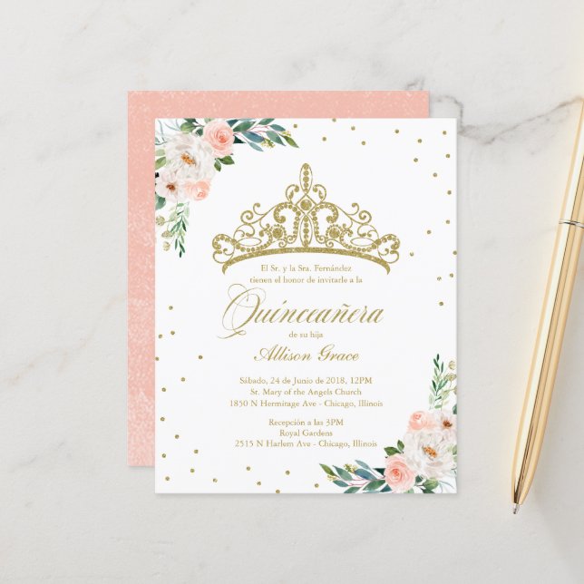 Budget Quinceanera Invitation Spanish Gold Tiara (Front/Back In Situ)